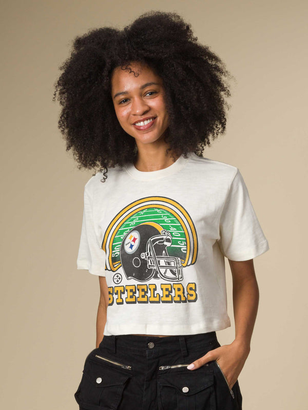 Junk Food Clothing Women's Pittsburgh Steelers Game Time Mock Neck Crop Tee Vintage White