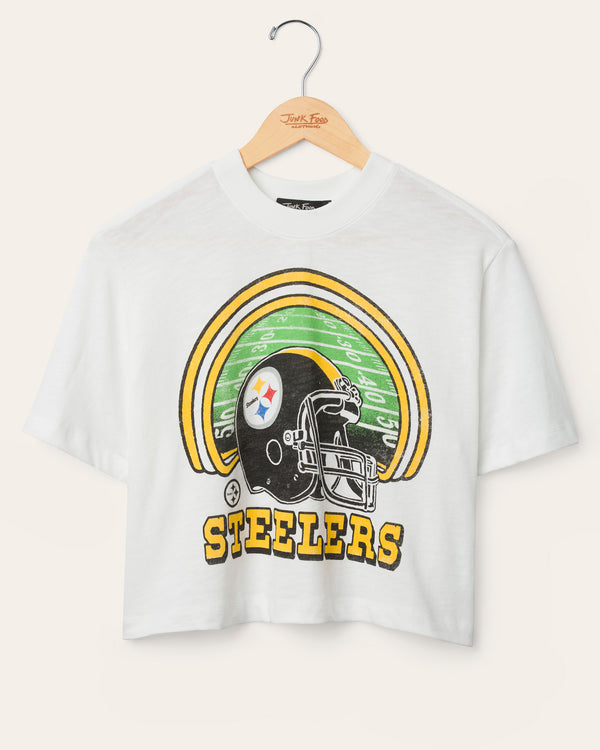 junk food clothing Women's Pittsburgh Steelers Game Time Mock Neck Crop Tee Vintage White