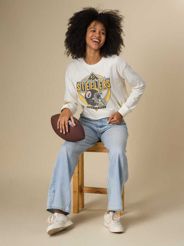 Junk Food Clothing Women's Pittsburgh Steelers Helmet Crop Fleece Vintage White