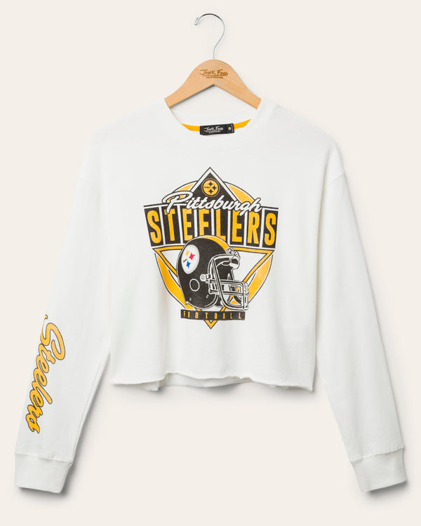 junk food clothing Women's Pittsburgh Steelers Helmet Crop Fleece Vintage White
