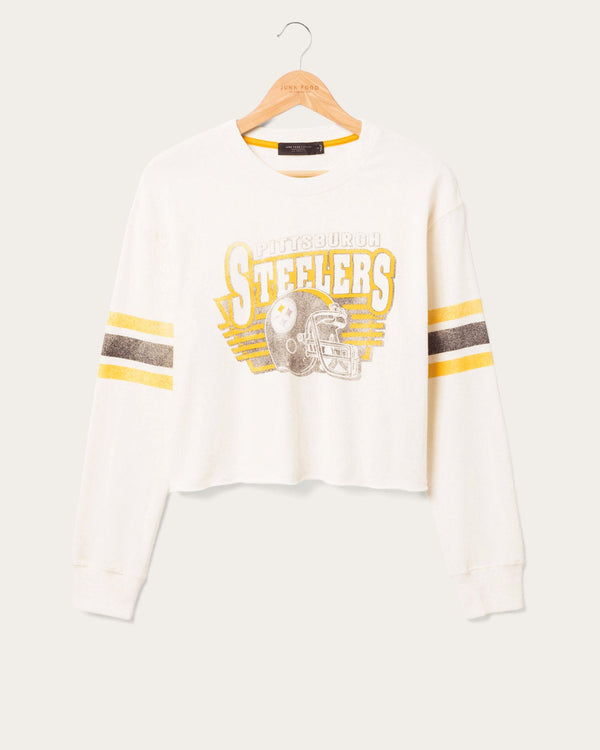 junk food clothing Women's Pittsburgh Steelers Kickoff Crop Crew Fleece Vintage White