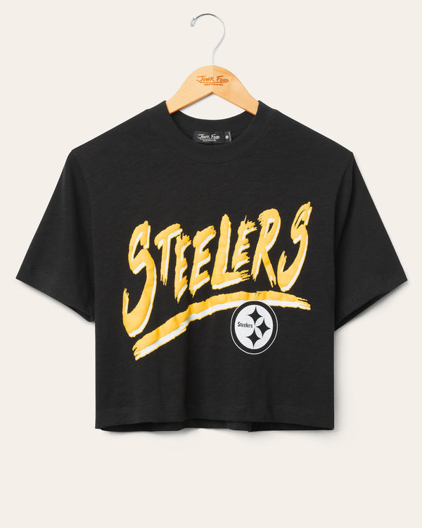 junk food clothing Women's Pittsburgh Steelers Thrill Mock Neck Crop Tee True Black