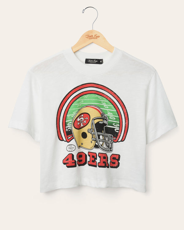 junk food clothing Women's San Francisco 49ers Game Time Mock Neck Crop Tee Vintage White