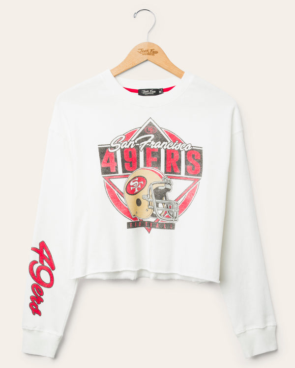 junk food clothing Women's San Francisco 49ers Helmet Crop Fleece Vintage White
