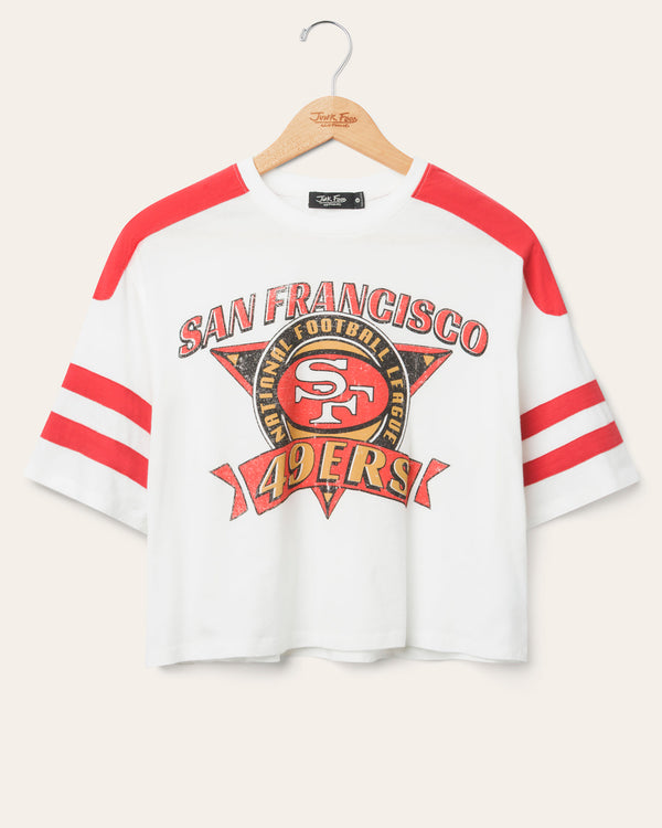 junk food clothing Women's San Francisco 49ers Striped Crop Tee Vintage White/Licorice