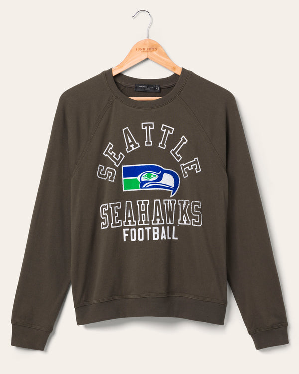junk food clothing Women's Seahawks Flocked Raglan Crew Fleece Vintage Black