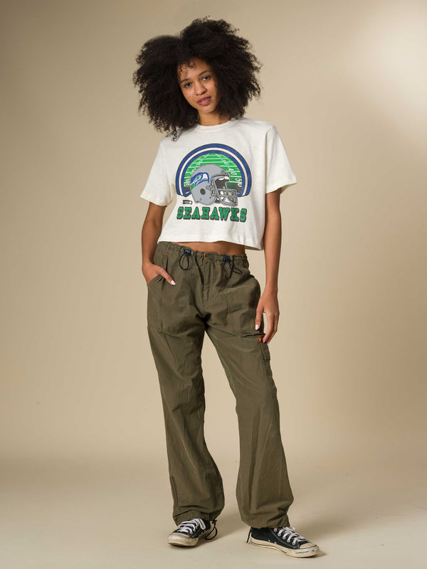 Junk Food Clothing Women's Seattle Seahawks Game Time Mock Neck Crop Tee Vintage White