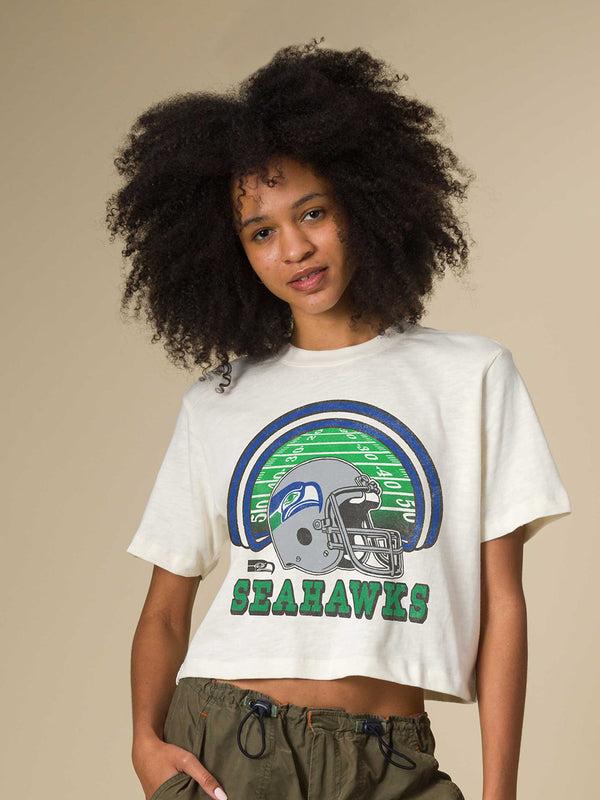 Junk Food Clothing Women's Seattle Seahawks Game Time Mock Neck Crop Tee Vintage White
