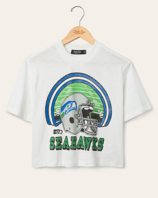 junk food clothing Women's Seattle Seahawks Game Time Mock Neck Crop Tee Vintage White