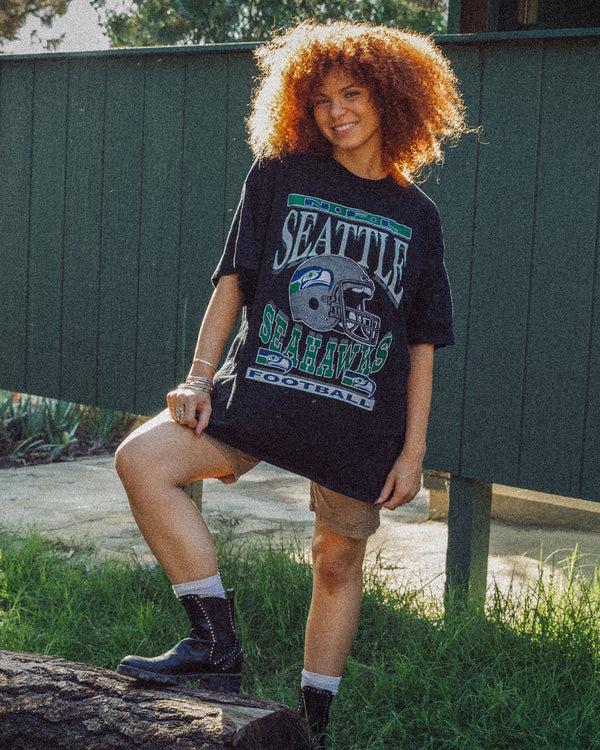 Junk Food Clothing Women's Seattle Seahawks Helmet Oversized Tee Dress Black