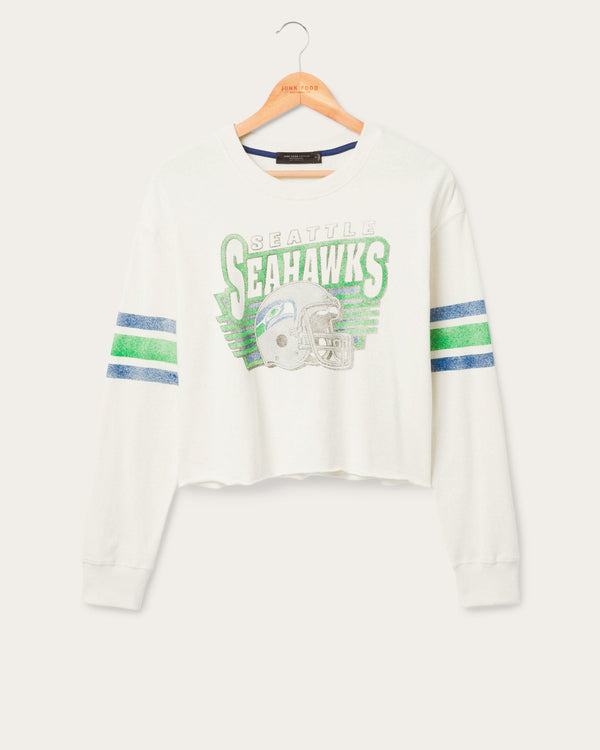 junk food clothing Women's Seattle Seahawks Kickoff Crop Crew Fleece Vintage White