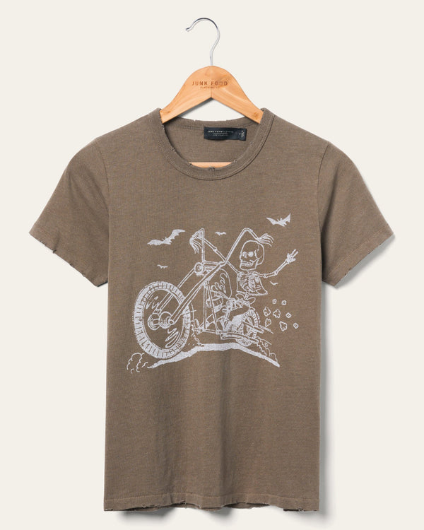 junk food clothing Women's Skeleton Chopper Original Tee Washed Leather