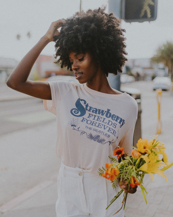 Junk Food Clothing Women's The Beatles Strawberry Fields Forever Script Vintage Tissue Tee Bare