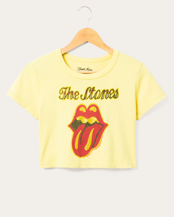 junk food clothing Women's The Rolling Stones Glitter Baby Tee Dusty Citron