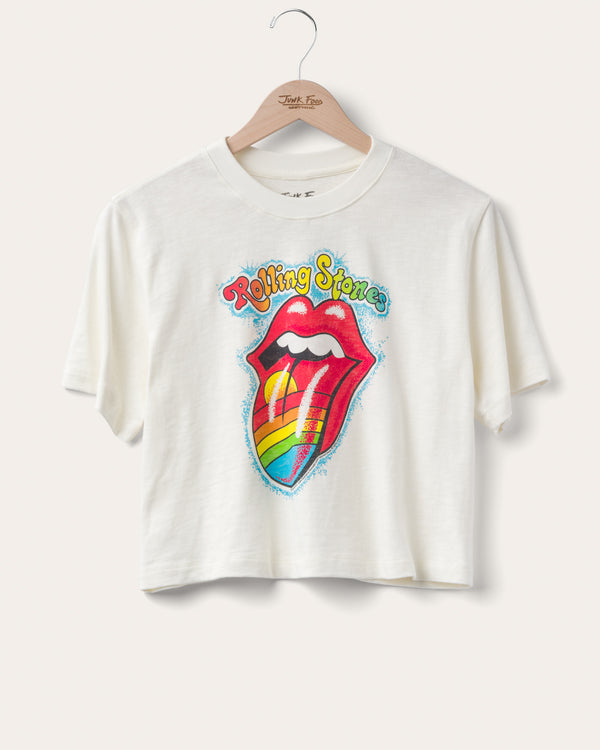 junk food clothing Women's The Rolling Stones Rainbow Hot Lips Mock Neck Crop Tee White