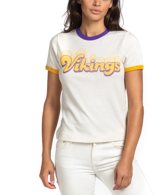 junk food clothing Women's Vikings Retro Ringer Tee VINTAGE WHITE