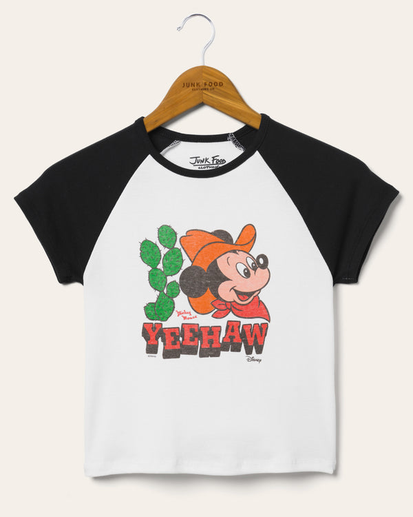 junk food clothing Women's Yeehaw Mickey Baby Raglan Tee White/Black