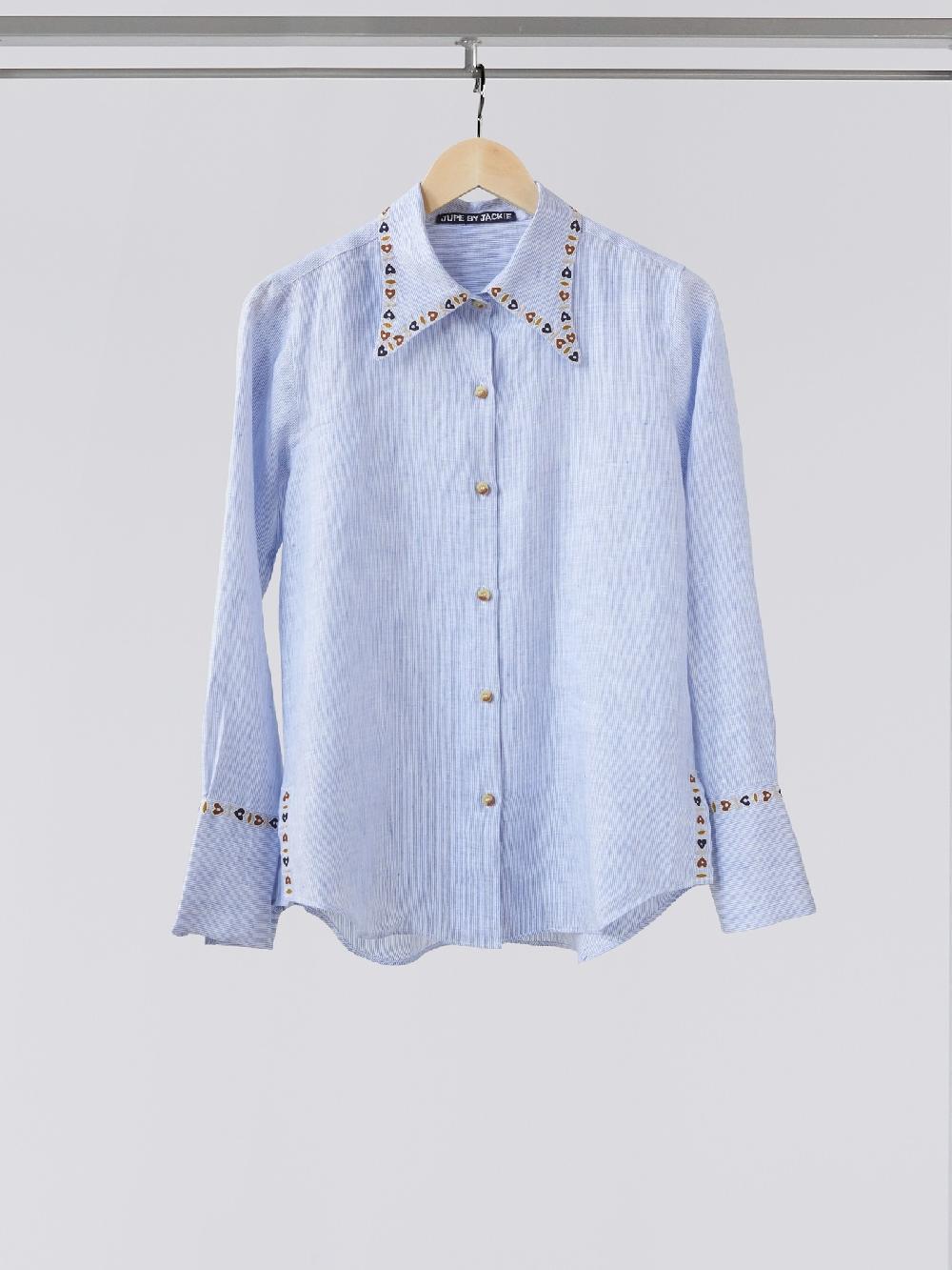 jupe by jackie Cygo - Blue striped 100% linen Point Tops+Shirts