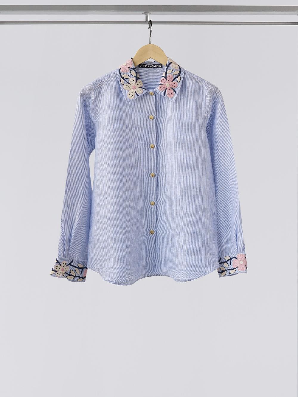 jupe by jackie Gimmer Flowers - Light Blue 100% linen Tops+Shirts Less