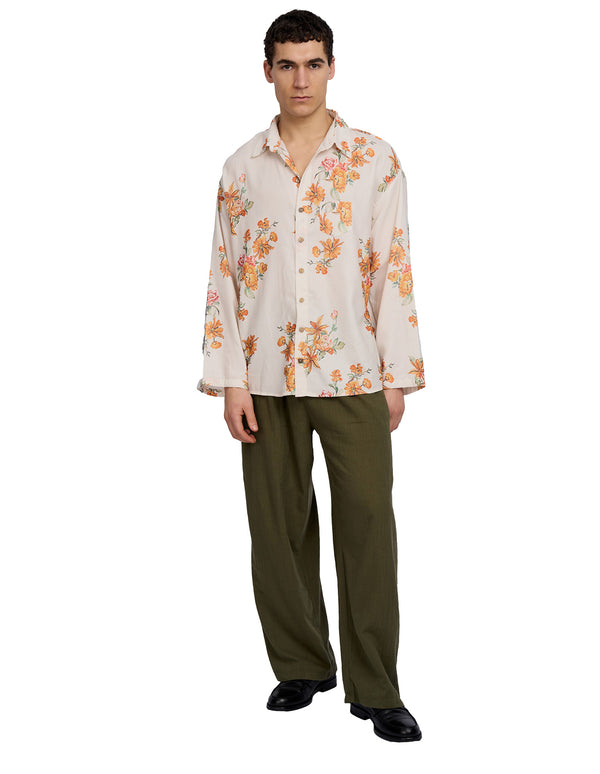 Justin Cassin Aura Floral Open Sleeve Shirt Beige