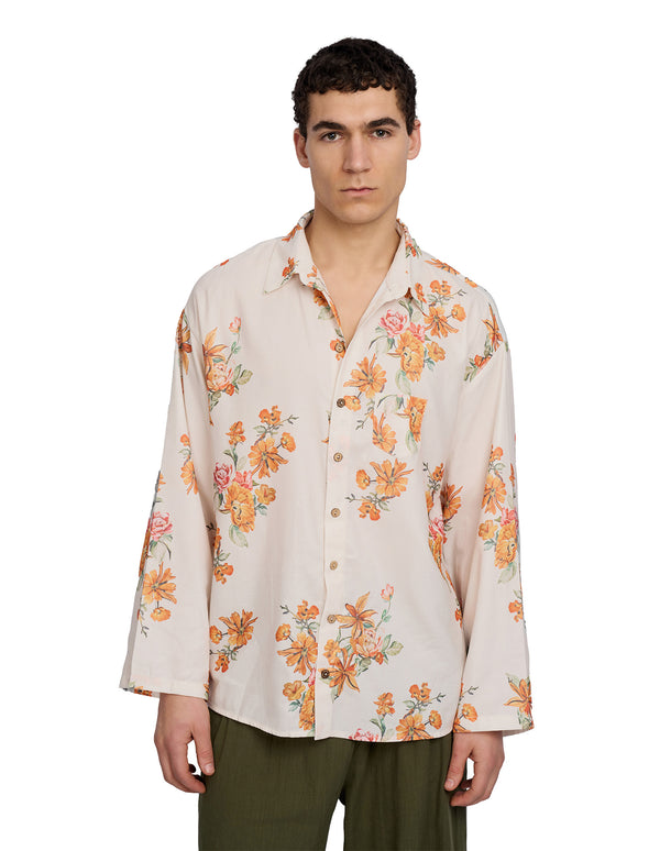 justin cassin Aura Floral Open Sleeve Shirt Beige