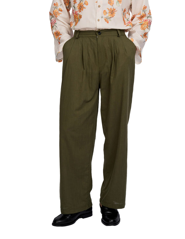 justin cassin Patel Linen Wide Trousers Green