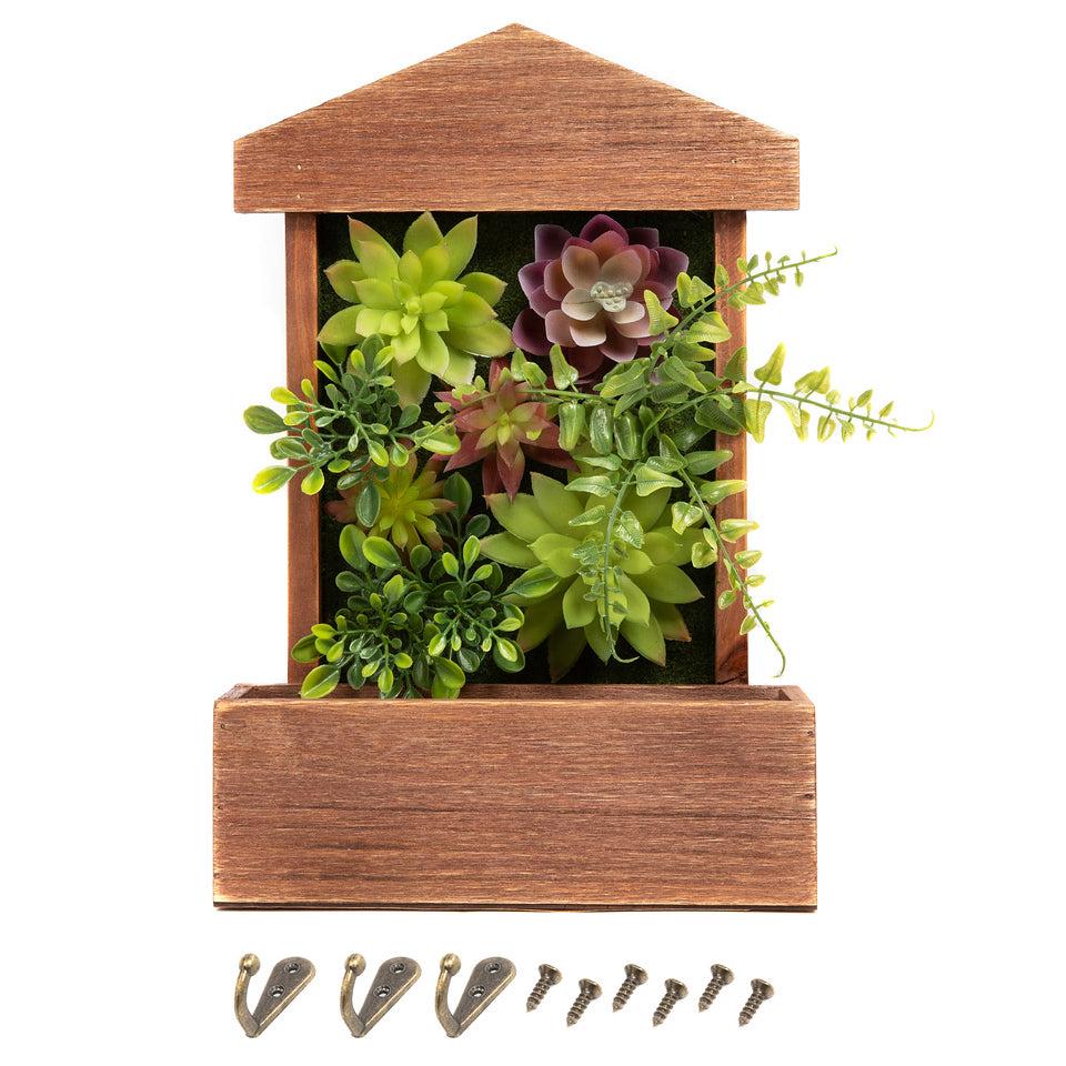 K Cliffs 3D Wooden House Shape Design Frame Succulent Box W/ 3 Key Hooks