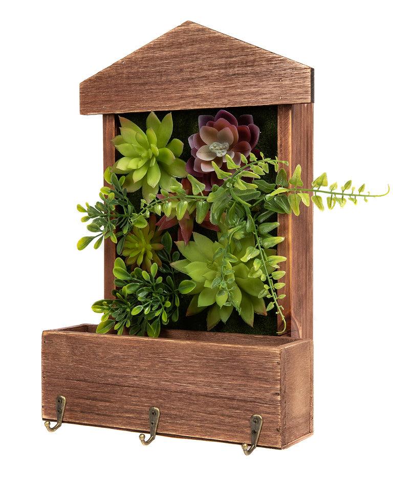 K Cliffs 3D Wooden House Shape Design Frame Succulent Box W/ 3 Key Hooks