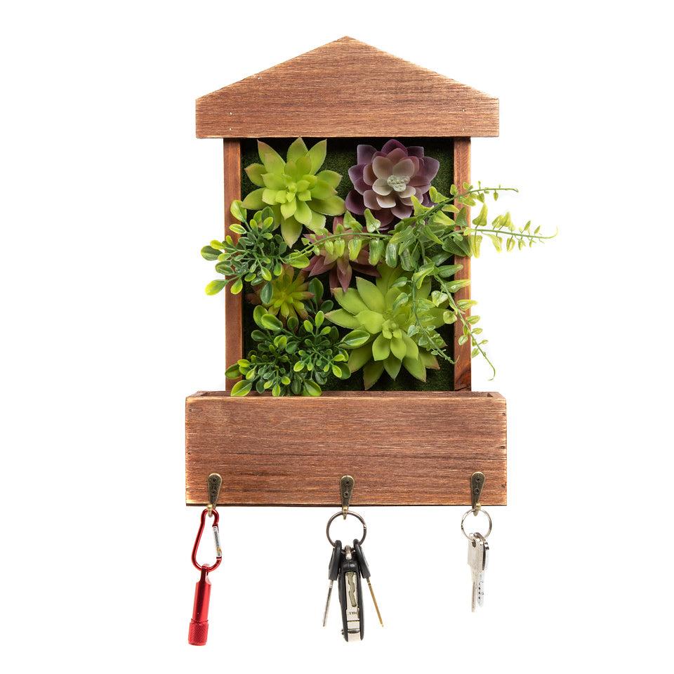 K Cliffs 3D Wooden House Shape Design Frame Succulent Box W/ 3 Key Hooks