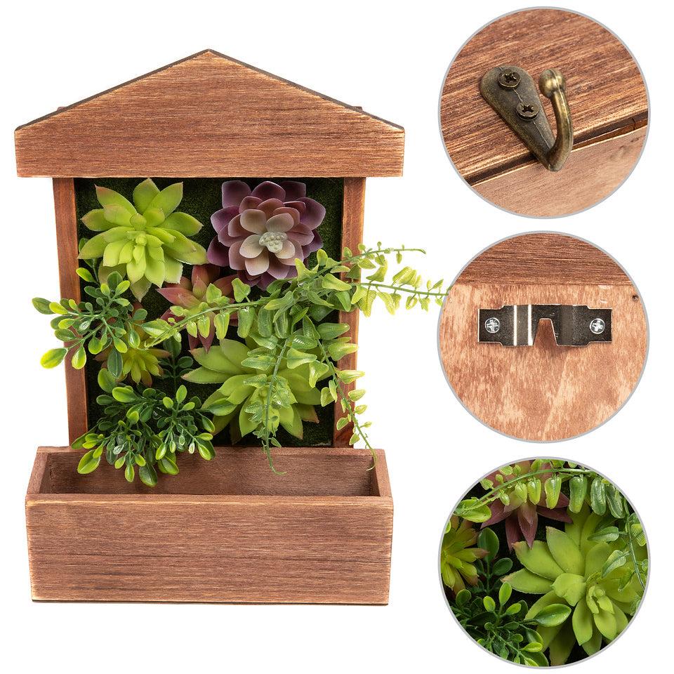 k cliffs 3D Wooden House Shape Design Frame Succulent Box w/ 3 Key Hooks