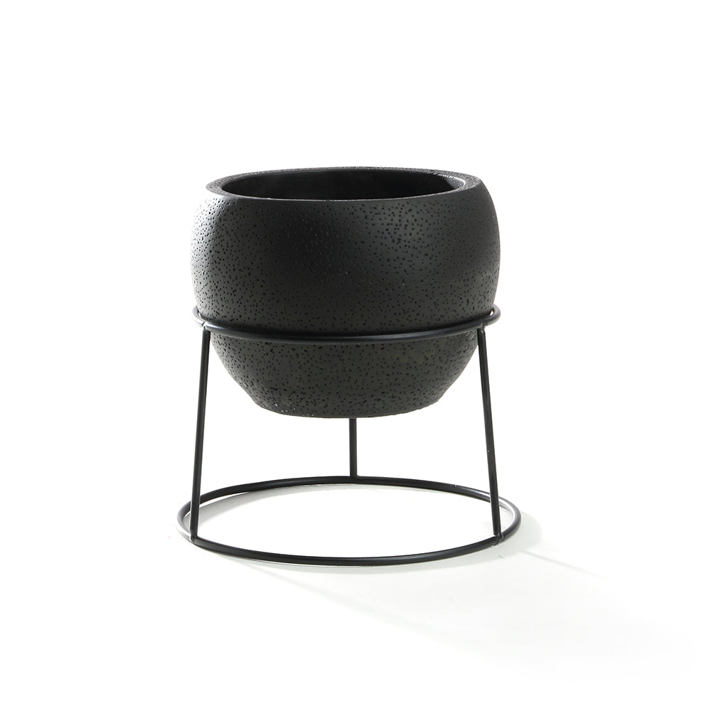 K Cliffs K-Cliffs 5.6 Inch Black Round Cement Pot W/ Black Metal Rack Plant Stand Holder