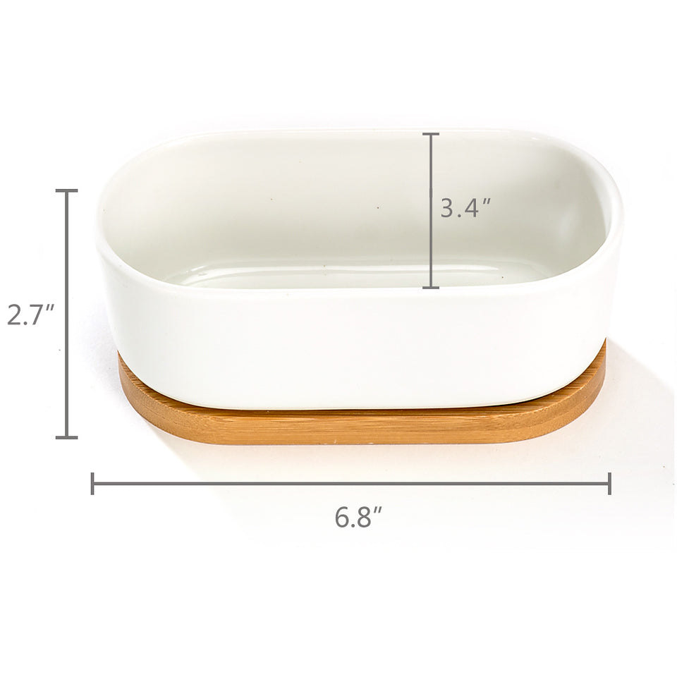 K Cliffs K-Cliffs 6.8" Ceramic Modern White Oval Succulent Planter With Bamboo Saucer