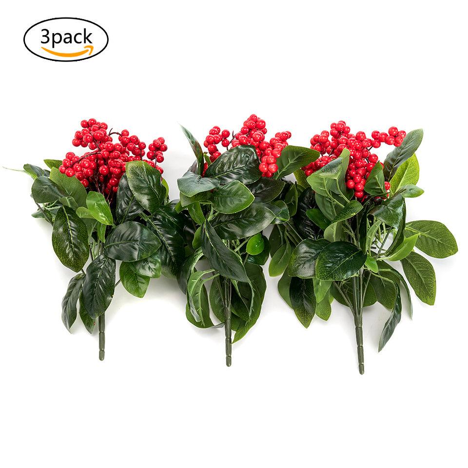 K Cliffs K-Cliffs Artificial Red Berries 3pcs Unpotted Shrubs With Green Leaves Bouquets