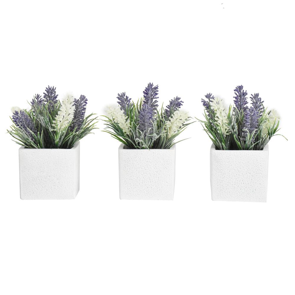 K Cliffs K-Cliffs Faux Lavender And White Flowers In 2.9 Inch White Cement Pot Set Of 3