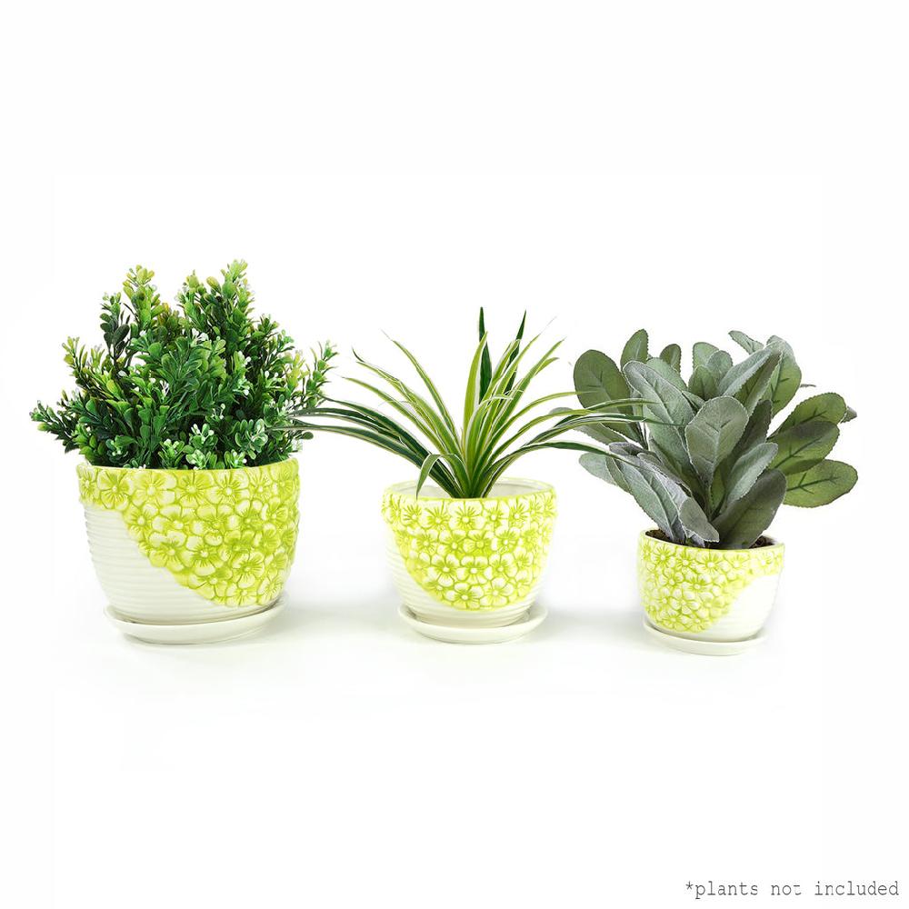 K Cliffs K-Cliffs Lime Yellow Daisies Ceramic Plant Pots 3 Set W/ Water Draining Hole And Saucer