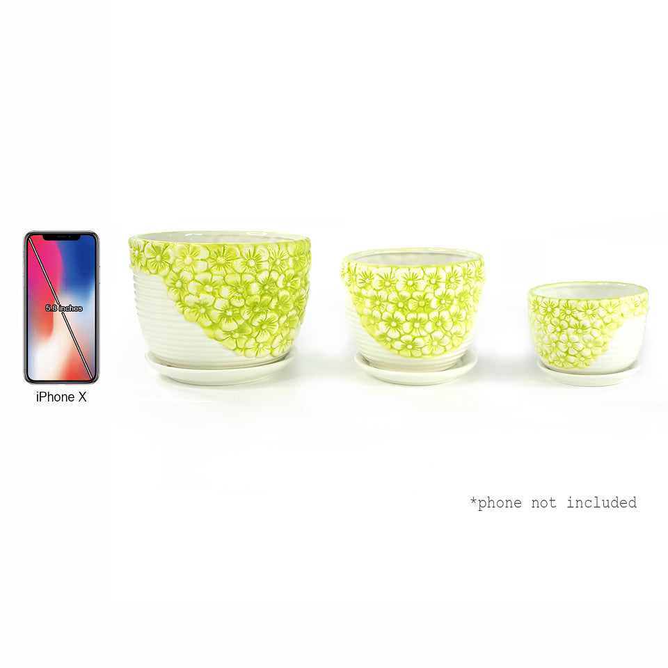 K Cliffs K-Cliffs Lime Yellow Daisies Ceramic Plant Pots 3 Set W/ Water Draining Hole And Saucer
