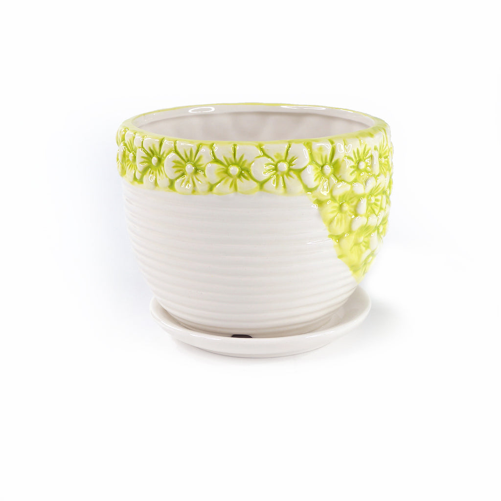 k cliffs K-Cliffs Lime Yellow Daisies Ceramic Plant Pots 3 Set w/ Water Draining Hole and Saucer