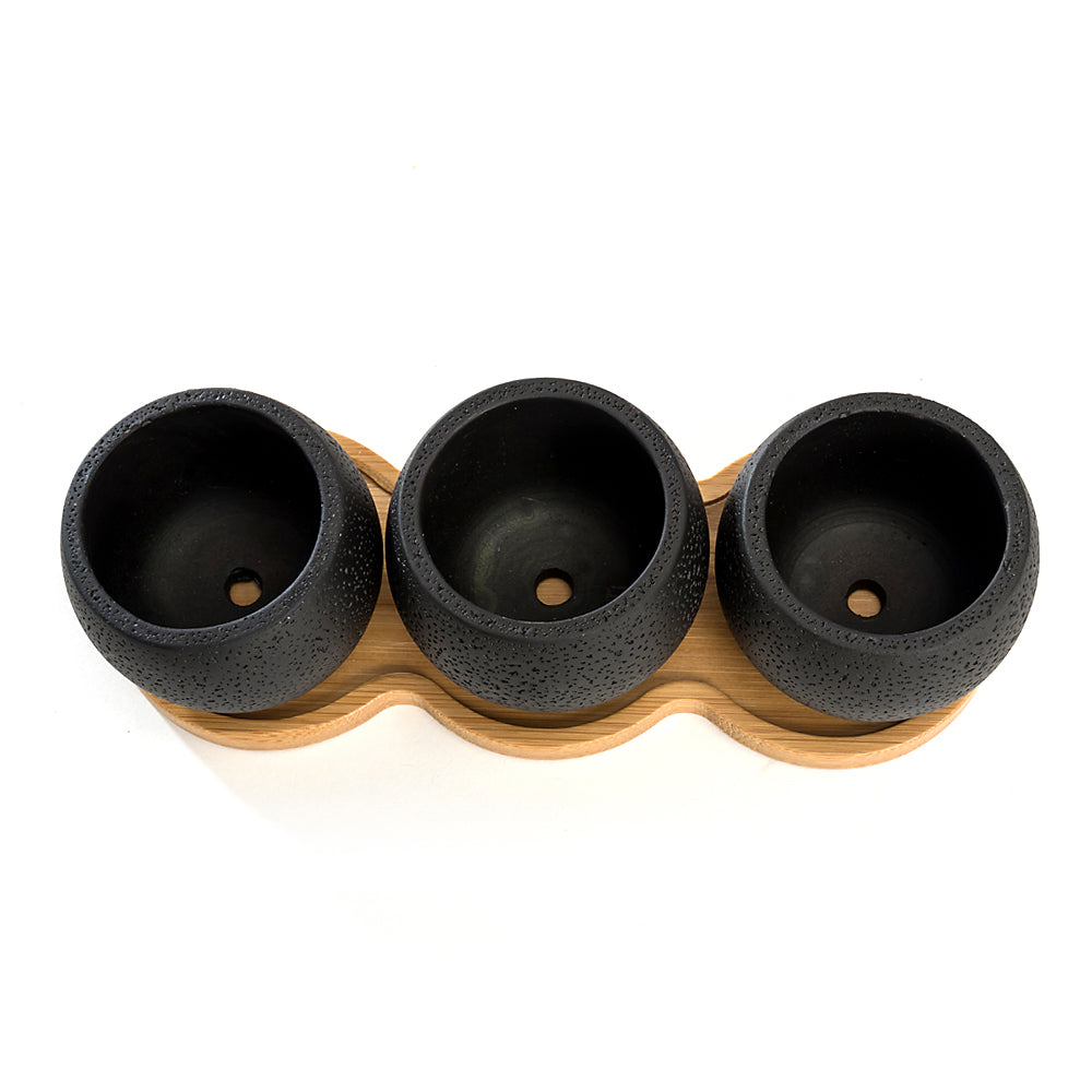 K Cliffs K-Cliffs Mini Black Cement Plant Pots With Bamboo Saucer And Drainage Hole Set Of 3