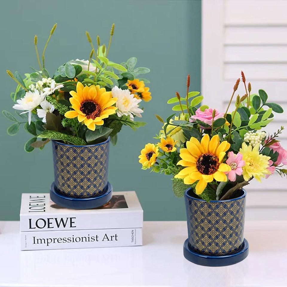 k cliffs K-Cliffs Set of 2 Blue Moroccan Pattern Round Ceramic Planters for Succulents