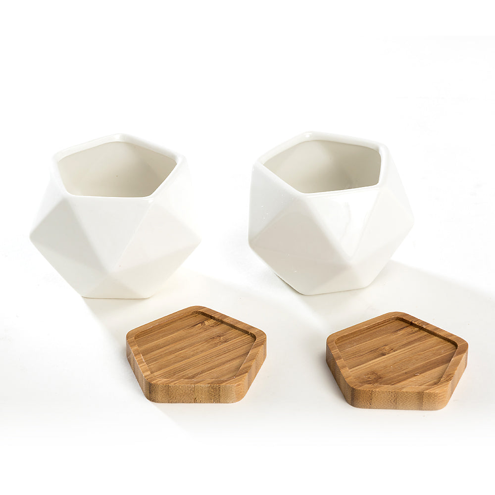 K Cliffs K-Cliffs Set Of 2 White Diamond Shape Ceramic Succulent Plant Pot With Bamboo Tray