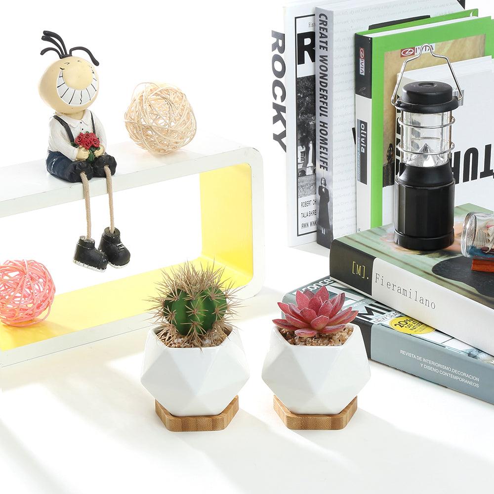 K Cliffs K-Cliffs Set Of 2 White Diamond Shape Ceramic Succulent Plant Pot With Bamboo Tray