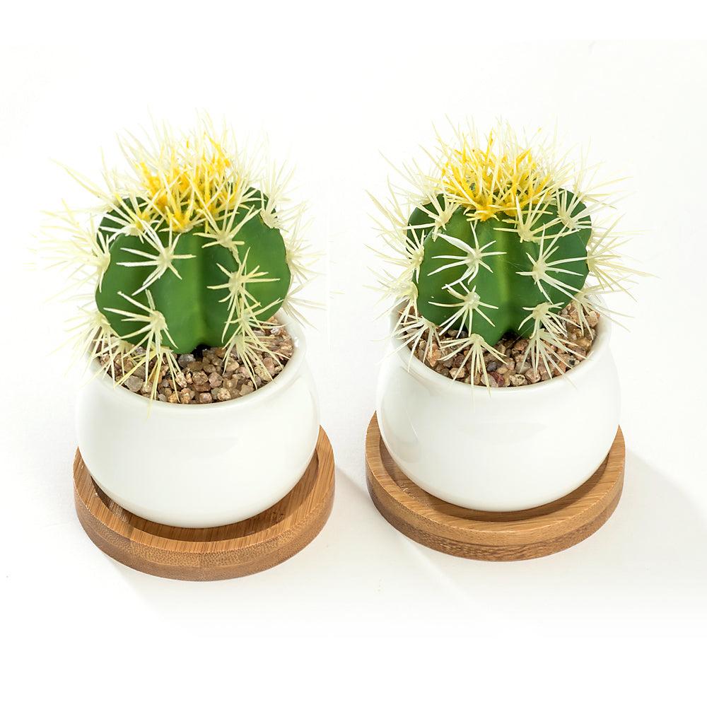 K Cliffs K-Cliffs Set Of 2 White Jar Shape Ceramic Succulent Plant Pots With Bamboo Tray