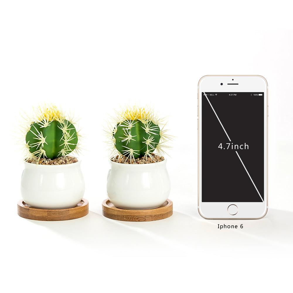 k cliffs K-Cliffs Set of 2 White Jar Shape Ceramic Succulent Plant Pots With Bamboo Tray