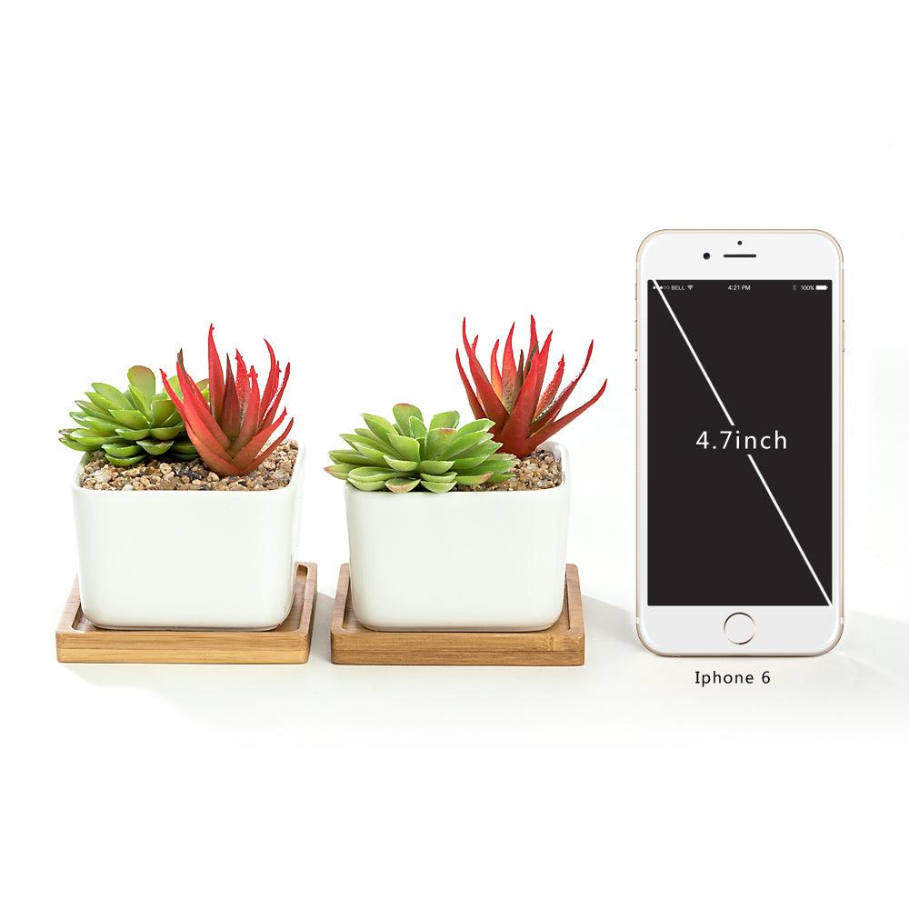 K Cliffs K-Cliffs Set Of 2 White Square Ceramic Succulent Plant Pot/Cactus With Bamboo Tray