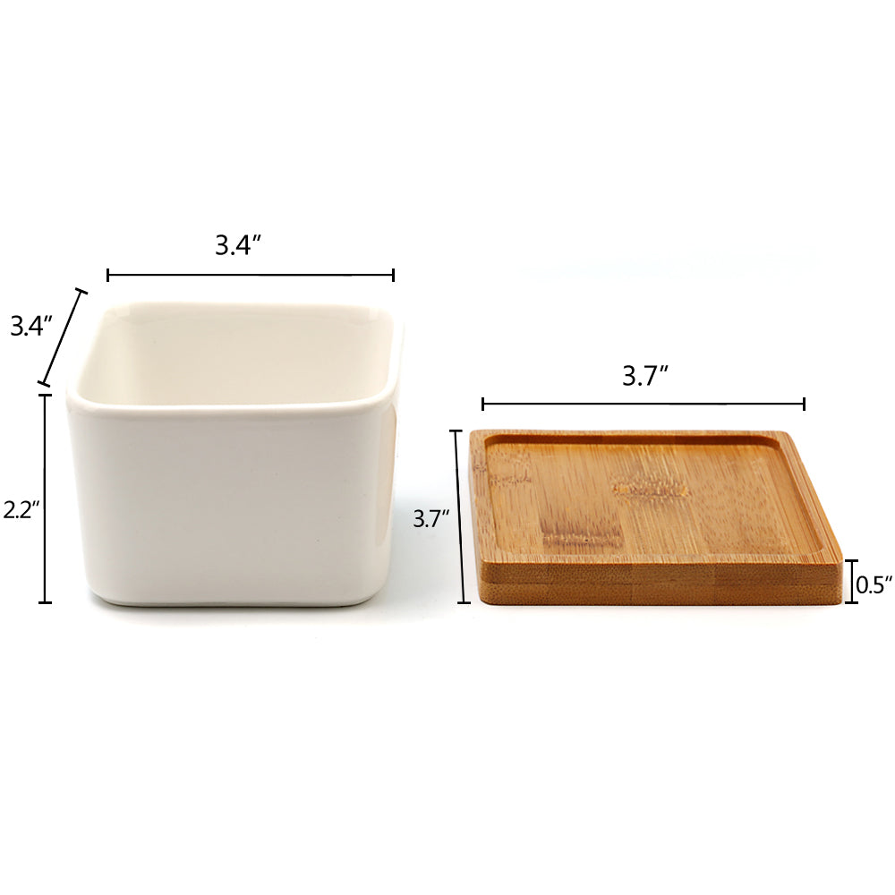 K Cliffs K-Cliffs Set Of 2 White Square Ceramic Succulent Plant Pot/Cactus With Bamboo Tray
