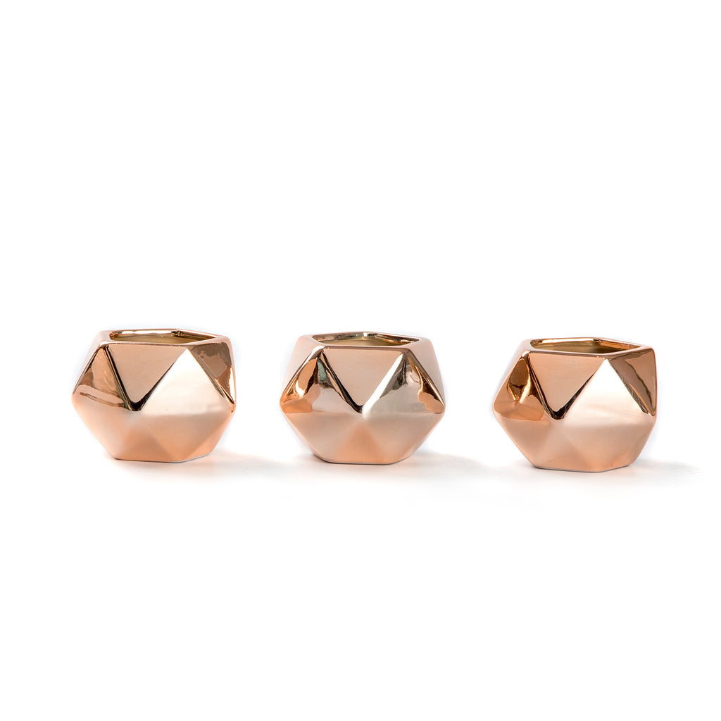 K Cliffs K-Cliffs Set Of 3 Diamond Shape Copper Color Galvanized Ceramic Succulent Planter Pots