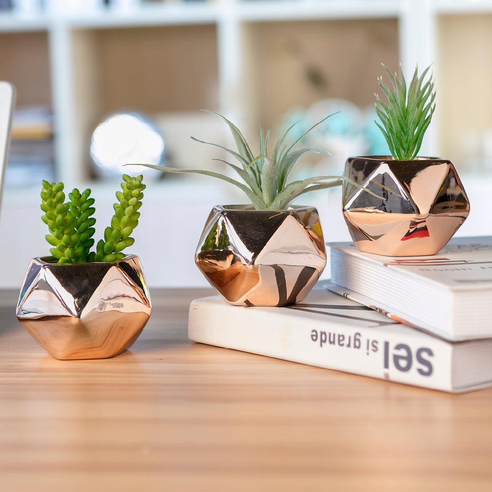 k cliffs K-Cliffs Set of 3 Diamond Shape Copper Color Galvanized Ceramic Succulent Planter Pots