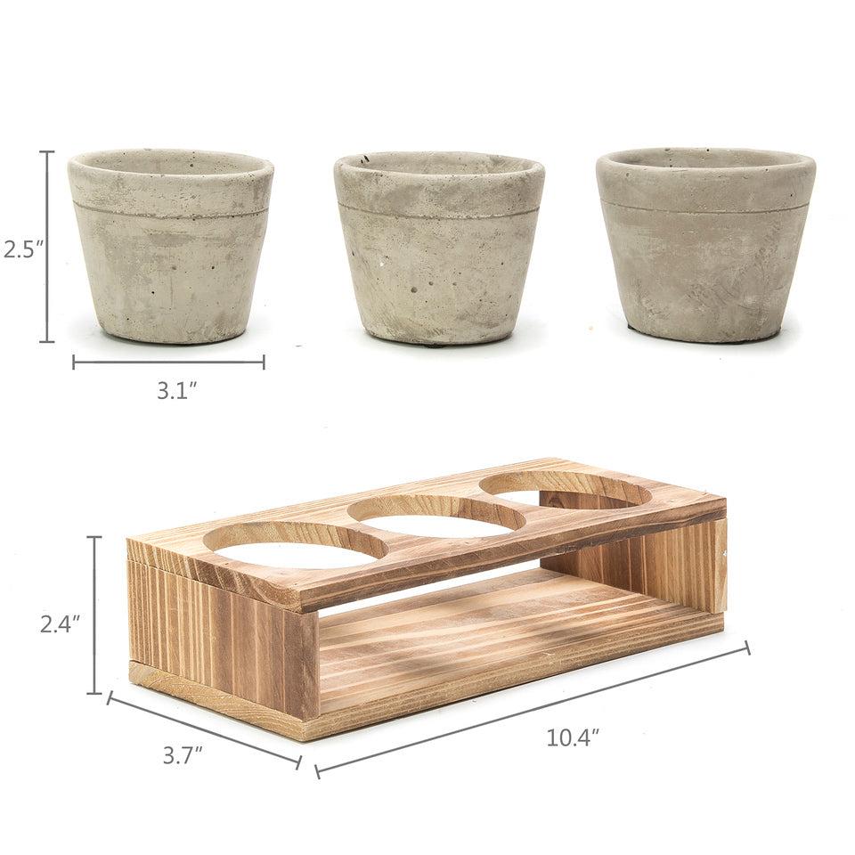 K Cliffs K-Cliffs Set Of 3 Mini Gray Cement Pots With Wood Display Stand For Succulents