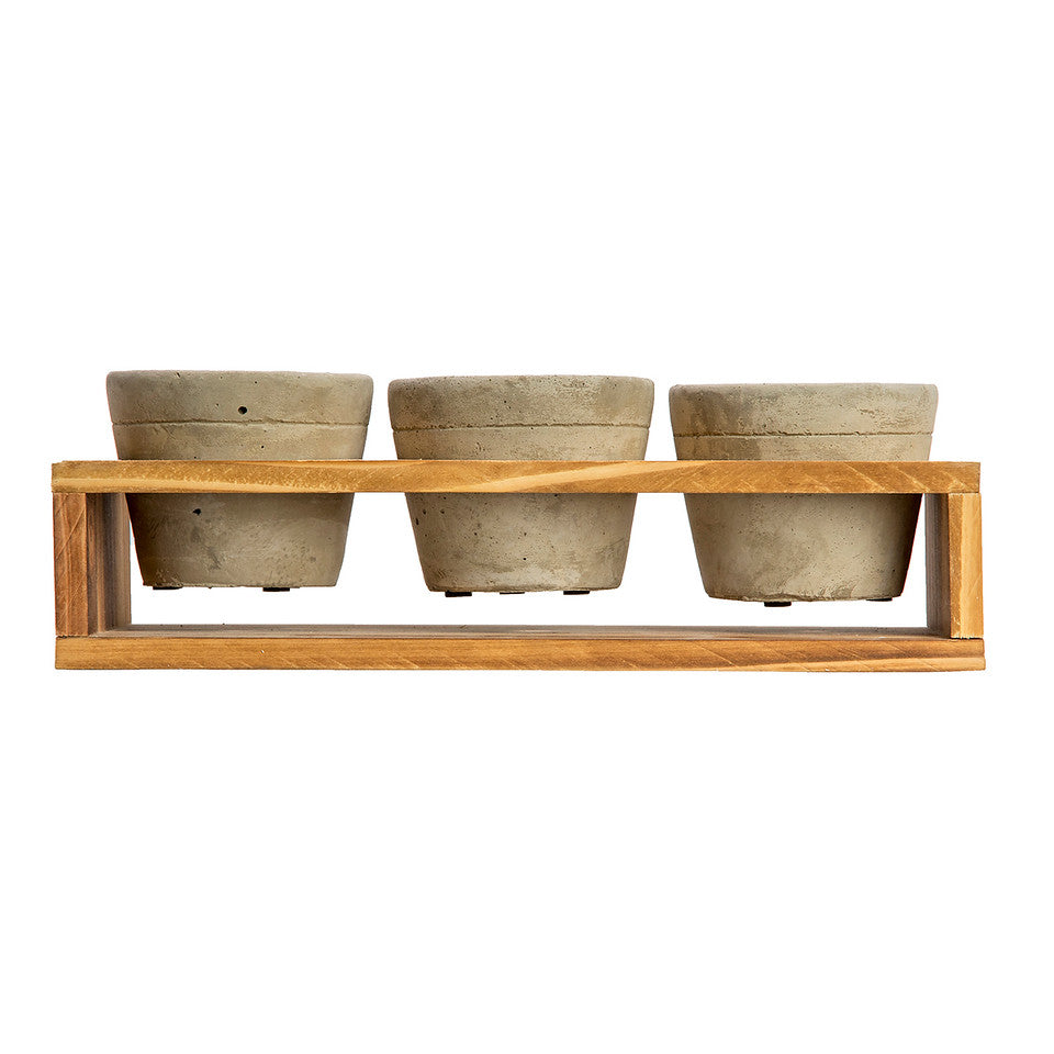 K Cliffs K-Cliffs Set Of 3 Mini Gray Cement Pots With Wood Display Stand For Succulents