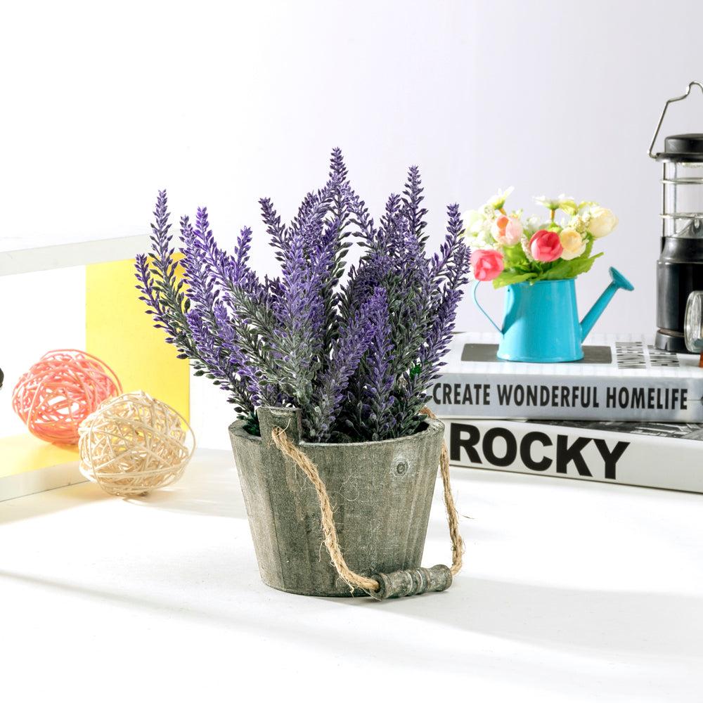 K Cliffs K-Cliffs Vintage Bouquet Of Artificial Lavender Flowers Potted In A Rustic Gray Wooden Planter Pot